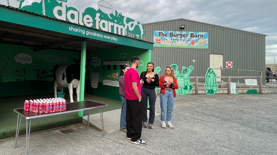 Stefan Peryagh interviewing students at Streamvale Farm about the new Dale Farm Sukie flavour Summer Fruits